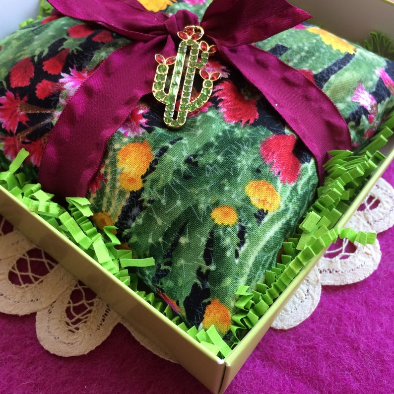 Red Claret Cup + Prickly Pear 1 Extra Large 6 CACTUS PENDANT SACHET filled with 3 Cups Organic Lavender in 6X6 Chartreuse Box Cholla