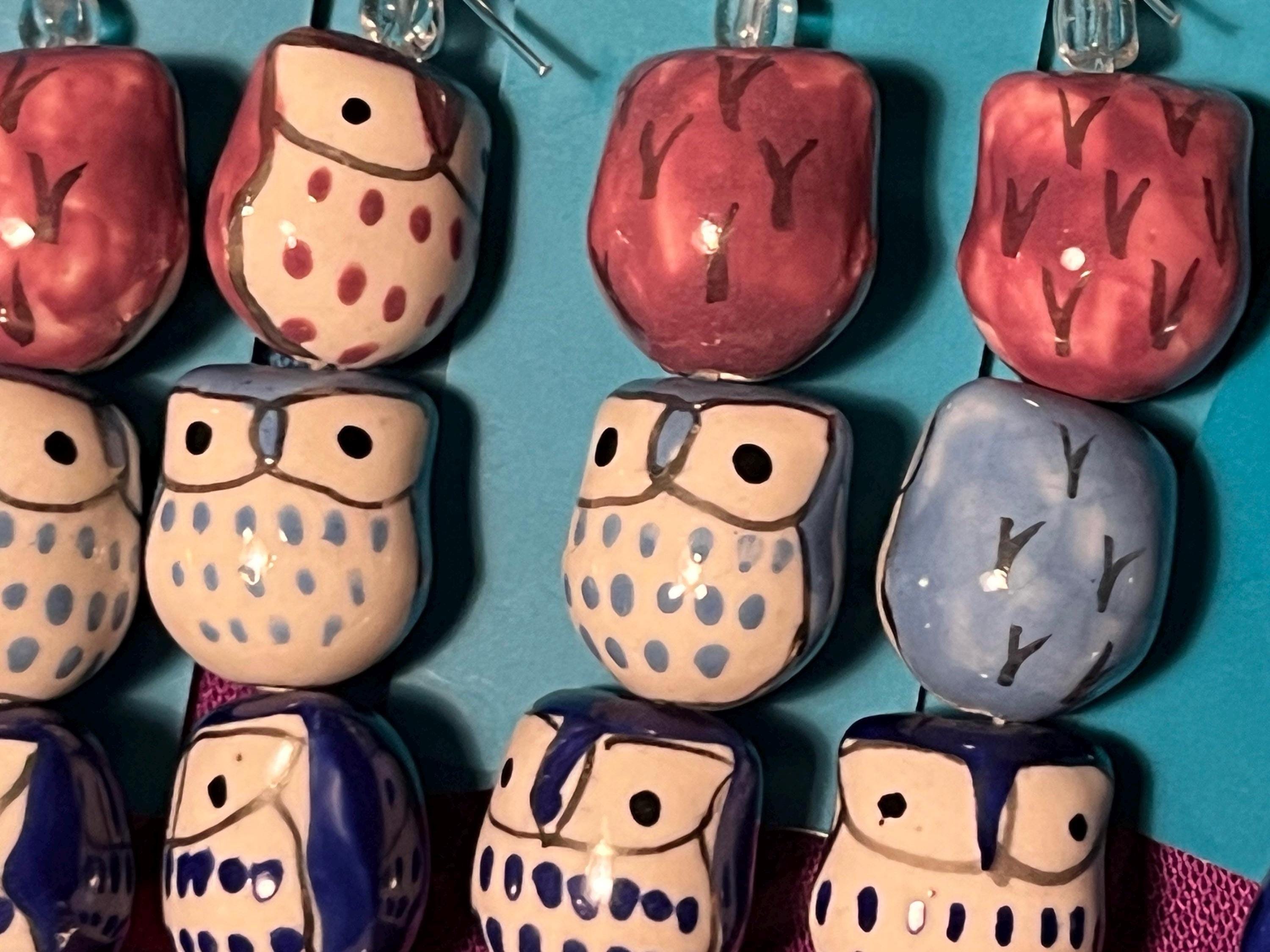 1 Strand of 12 CERAMIC OWL BEADS, Hand-painted Multicolor for Jewelry or Crafts.