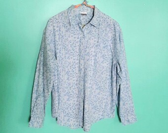 1990s Vintage Daisy Floral Grunge Flower Power Basic Editions Long Sleeve Button Up Shirt
