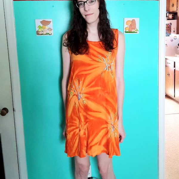 1990s Vintage Orange Tropical Pineapple Moon Sleeveless Tie Dye Beach Cover Up Sun Dress