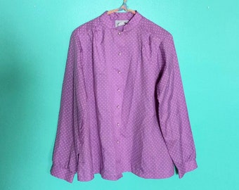 1970s 1980s Vintage Lilac Purple Polka Dot Shapely Size M L Twee Button Up Long Sleeve Secretary Blouse Shirt