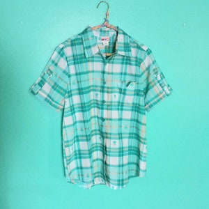 1990s Vintage Green Floral Plaid American Sweetheart Size M Button Up Short Sleeve Camp Shirt Blouse image 1