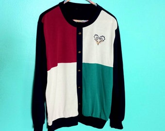 1980s 1990s Vintage Colorblock Embroidered Faux Button Up Size M L Sweatshirt Sweater