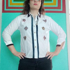 1980s 1990s Vintage Applique Embroidered Velvet Trim Cottagecore Grandmacore JouJou Kids L Adult S M Button Up Blouse Shirt