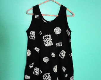 1990s Vintage Black and White Aztec Mayan Hunab Ku Screen Print Sleeveless Size S M Tank Summer Jostar Shirt Mini Dress