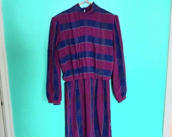 1970s 1980s Vintage Purple and Blue Kenny Classics Long Sleeve Size M L Secretary Day Dress