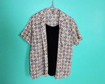 1990s Y2K Vintage Faux Two Piece Layered Tank Notations Funky Grunge Size Medium Button Up Short Sleeve Camp Shirt Blouse