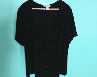 1980s 1990s Vintage Black Sparkle Glitter Shiny Glam Plus Size XL Ronni Nicole II Stretchy Short Sleeve Evening Blouse