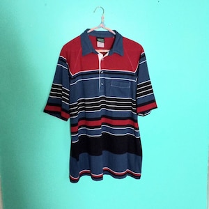1980s Vintage Striped Red White Navy Blue Jantzen Classics Size M L Short Sleeve Polo Shirt