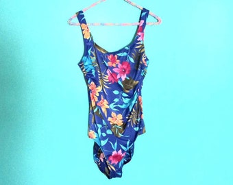 1980s 1990s Vintage Tropical Floral Slim Allure Size L XL One Piece Swim Suit