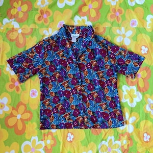 1970s 1980s Vintage Floral Abstract Watercolor Notations Size M Short Sleeve Sheer Blouse Shirt