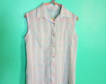 1970s 1980s Vintage Miss Fashionality Pastel Plaid Rainbow Sherbet Size M Button Up Sleeveless Collared Blouse