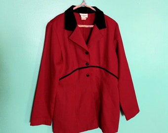 1990s Vintage Red and Black Velvet Collar Wrapper Grunge Size L XL Blazer Evening Jacket