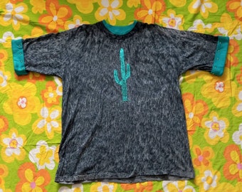 1980er 1990er Vintage Kaktus Glitzer Grafik Layered Look Nieten Plus Size 2X T-Shirt