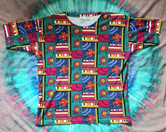 1980s 1990s Vintage Floral Maximalist Squiggles Colorful Rainbow Beaded Bedazzled Jacque & KoKo New Wave Size XL 2X T-shirt