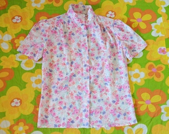 années 1970 vintage Floral aquarelle Pastel Cottagecore Paris Station taille L manches courtes bouton Up secrétaire Blouse chemise