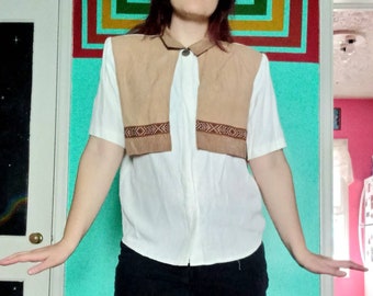 1980s 1990s Vintage Faux Two Piece Blouse and Vest Western Boho Deadstock Unworn Paquette Byer California Size M L Short Sleeve Shirt