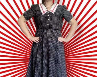 1980s does 1950s Vintage Polka Dot Black White Red Twee Sailor Girl Pin Up Rockabilly Mid Century Whirlaway Frocks Short Sleeve Size L Dress