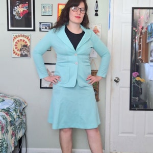 1970s Vintage Mint Pastel Blue Polyester Size M Two Piece Coordinated Blazer Jacket and Skirt Set