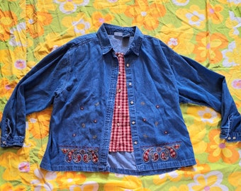 1990s Vintage Chambray Denim Paisley Applique Embroidered Grunge Gingham Plaid Layered Look Plus Size XL 1X Long Sleeve Button Up Shirt