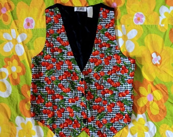 1990s Vintage Cherries Cherry Gingham Print Cute Cottagecore Kawaii Pin Up Rockabilly Sostanza Contemporary Apparel Size S M Vest