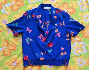 1980s 1990s Vintage Flowers and Butterflies Floral Cottagecore Grandmacore Deadstock Unworn Alfred Dunner Layered Look Size L Blouse Shirt