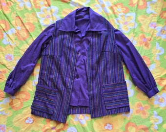 1970s Vintage Handmade Purple Groovy Hippie Funky Size L XL Coordinated Two Piece Long Sleeve Dagger Collar Button Up Blouse and Vest Set