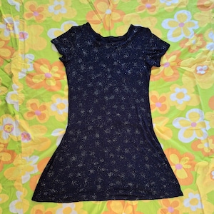 1990s Vintage Glitter Sparkle Night Sky Grunge Cosmic Navy Silver All That Jazz Stretchy Juniors L XL Short Sleeve Mini Skater Dress