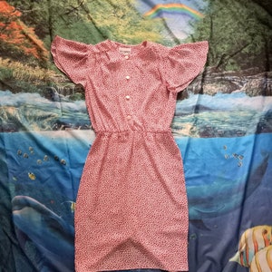 1980s Vintage Red and Primary Rainbow Accent Leaf New Wave Perceptions Size M Flutter Sleeve Secretary Day Dress