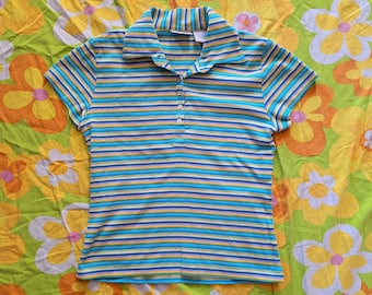 1990s Y2K Vintage Striped Cool Colors St. John's Bay Size S Short Sleeve Baby Fitted Collared Polo Shirt Blouse Top