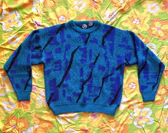 1980s 1990s Vintage Abstract Geometric New Wave Memphis Style Turquoise Purple Black Permit Size L Long Sleeve Acrylic Dad Sweater