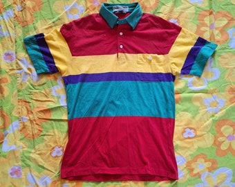 1980s 1990s Vintage Colorblock New Wave Colorful Sansabelt Golf Size S M Short Sleeve Polo Shirt