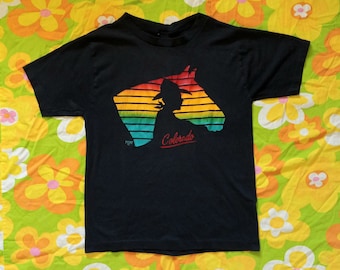 1980s Vintage Colorado Cowboy and Horse Rainbow Vaporwave Southwestern Size S M T-shirt