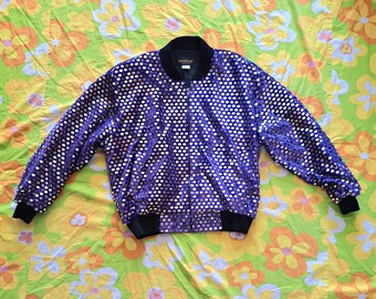 1980s 1990s Vintage Sequined Bedazzled Disco Ball Sparkly Glam Monaliza High Fashion Purple Velour Size L XL Lightweight Bomber Jacket