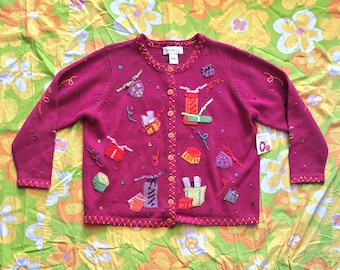 Y2K 2000 Vintage Party Gifts Presents Applique Kitsch Grandmacore Susan Bristol NWT Deadstock Unworn Size XL Long Sleeve Cardigan Sweater