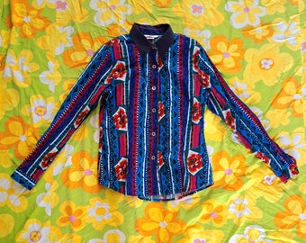 1980er 1990er Vintage Buntes Southwestern Floral Abstraktes Geometrisches Cowboy Cowgirl Western Roper Größe M Langarm Button Up Blusenshirt