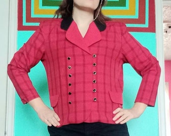 1980s 1990s Vintage Checked Plaid Red and Black Leslie Belle Petite Size L Blazer Jacket