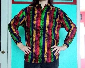 1980s 1990s Vintage Floral Striped Op Art Colorful Shaker Sport Size Medium Large Long Sleeve Button Down Oxford Shirt
