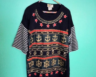 1980s 1990s Vintage Nautical Anchors Ocean Sailor Glitter Screen Printed Copa Cobana Size XL T-shirt