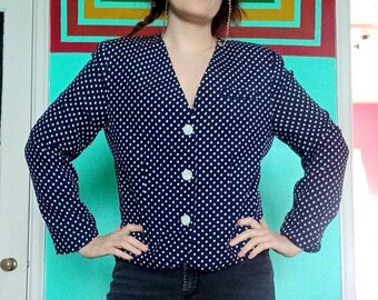 1980s Vintage Polka Dot Navy and White Russ Size Large Blazer Jacket