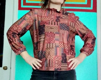 1970s Vintage Paisley Patchwork Psychedelic Print Brown Devon Polyester Size M L Long Sleeve Ruffle Neckline Blouse Shirt