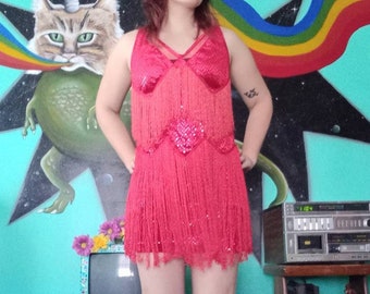 1990s Y2K Vintage Red Chicago Flapper Charades Size L XL Dance Halloween Costume Fringed Sparkly Mini Dress