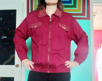 1980s 1990s Vintage Deep Red Studded Stars Mureli Size Large Lightweight Jacket