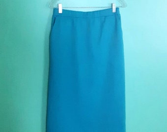 1970s 1980s Vintage Cerulean Turquoise Blue Devon Elastic Waist Midi Skirt