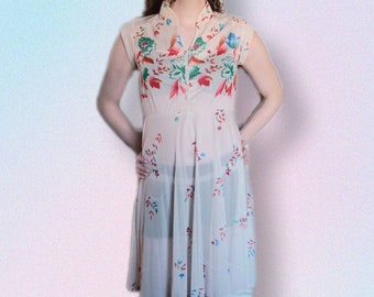 1960s 1970s Vintage Sheer Floral Colorful Boho Size M Short Sleeve Day Dress