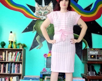 1980s Vintage Pastel Pink and White Striped Kawaii Peri Petites Size M Short Sleeve Secretary Day Dress