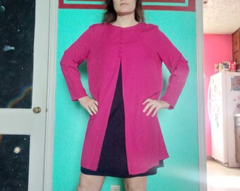 1980s 1990s Vintage Fuchsia Magenta and Navy Kari's Korner Size XL Layered Long Sleeve Day Dress