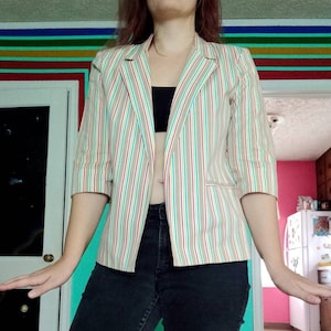 1970s 1980s Vintage Colorful Striped JBJ Sportswear Size 8 New Wave 3/4 Sleeve Blazer Jacket