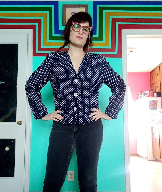 1980s Vintage Polka Dot Navy and White Russ Size … - image 1