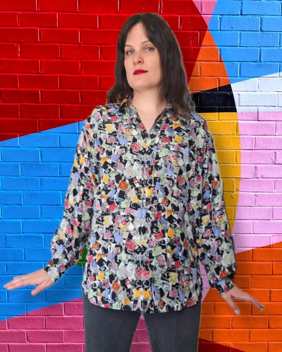 1990s Vintage Abstract Geometric New Wave Grunge Colorful Funky Silk Colore Italia Size M L Long Sleeve Button Up Oxford Blouse Shirt